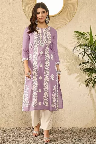 Women lavender viscose rayon solid embroidered straight kurta