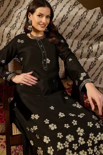 Women black poly chanderi solid embroidered straight kurta bottom and dupatta