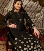 Women black poly chanderi solid embroidered straight kurta bottom and dupatta