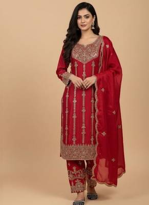 Ruby radiance chinon silk embroidered suit set 1