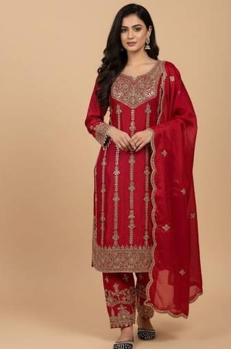 Ruby radiance chinon silk embroidered suit set