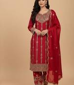 Ruby radiance chinon silk embroidered suit set