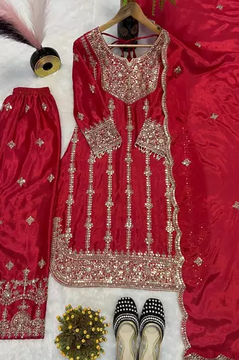 Ruby radiance chinon silk embroidered suit set