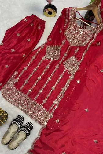 Ruby radiance chinon silk embroidered suit set