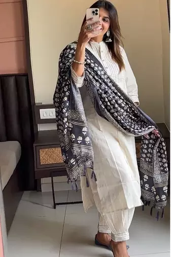 Off White Khadi Cotton Kurta Set with Black Printed Dupatta