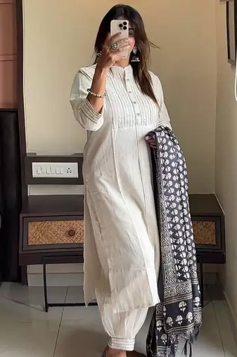 Off White Khadi Cotton Kurta Set with Black Printed Dupatta