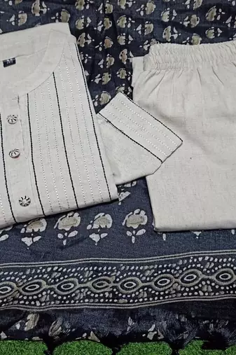 Off White Khadi Cotton Kurta Set with Black Printed Dupatta