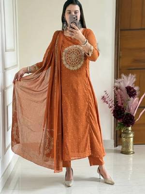 Mustard embroidery handwork & printed kurta  pant & dupatta set 1