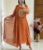 Mustard embroidery handwork & printed kurta  pant & dupatta set