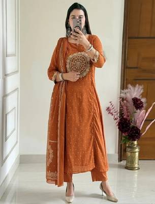 Mustard embroidery handwork & printed kurta  pant & dupatta set 2