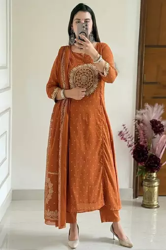 Mustard embroidery handwork & printed kurta  pant & dupatta set