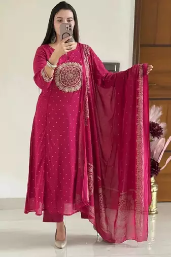 Pink embroidery handwork & printed kurta  pant & dupatta set