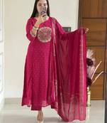 Pink embroidery handwork & printed kurta  pant & dupatta set