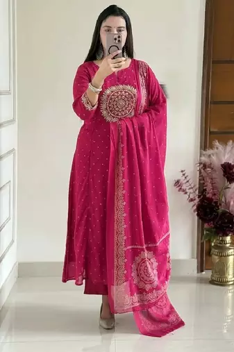 Pink embroidery handwork & printed kurta  pant & dupatta set