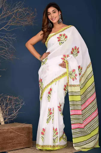 Pink green buta cotton hand block printed saree