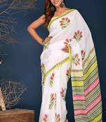 Pink green buta cotton hand block printed saree