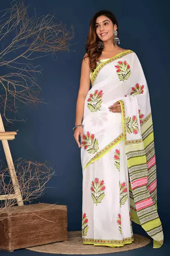 Pink green buta cotton hand block printed saree