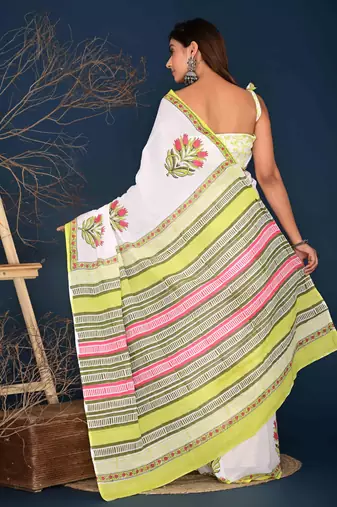 Pink green buta cotton hand block printed saree