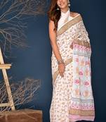 Orange kitten hand block printed cotton saree