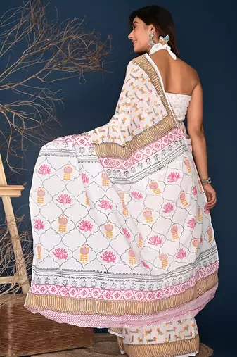 Orange kitten hand block printed cotton saree