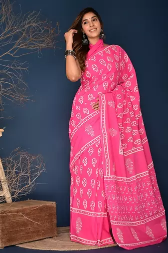 Pink hand block printed cotton saree
