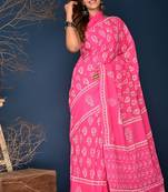 Pink hand block printed cotton saree