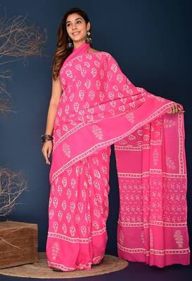 Pink hand block printed cotton saree 2