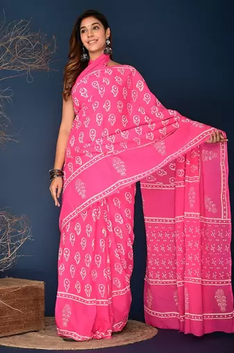 Pink hand block printed cotton saree