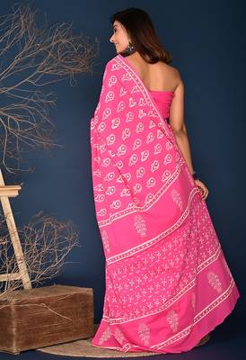 Pink hand block printed cotton saree 3