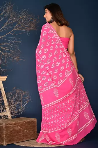 Pink hand block printed cotton saree