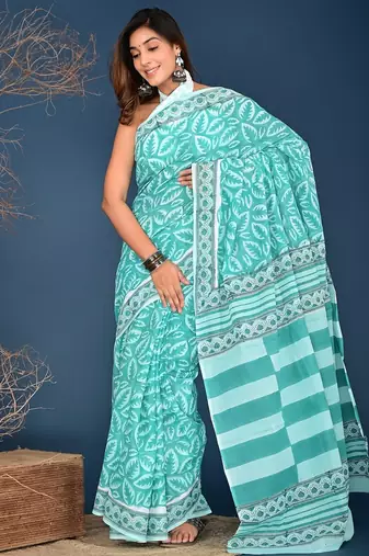 Aqua blue hand block printed cotton saree