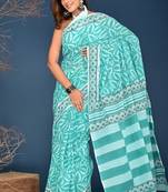 Aqua blue hand block printed cotton saree
