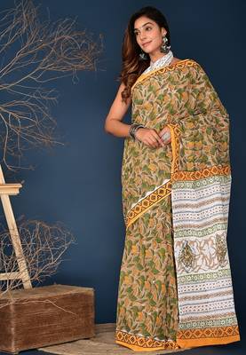 Orange hand block printed cotton saree 1