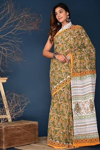 Orange hand block printed cotton saree