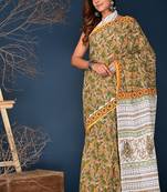 Orange hand block printed cotton saree