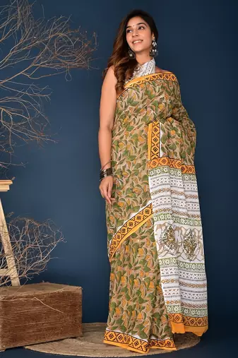 Orange hand block printed cotton saree