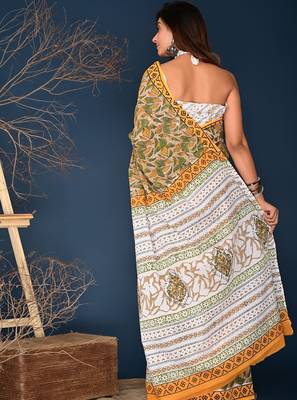 Orange hand block printed cotton saree 3