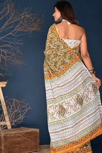 Orange hand block printed cotton saree