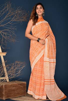 Orange hand block printed cotton saree 1