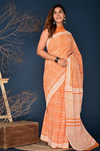 Orange hand block printed cotton saree