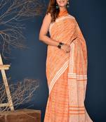 Orange hand block printed cotton saree