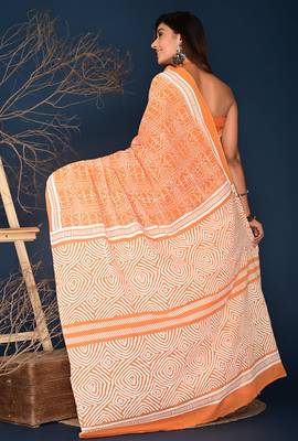Orange hand block printed cotton saree 2