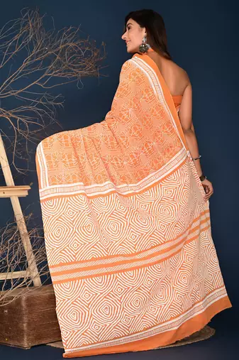 Orange hand block printed cotton saree