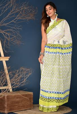 Lemon yellow block printed cotton saree 1