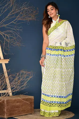 Lemon yellow block printed cotton saree