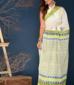 Lemon yellow block printed cotton saree
