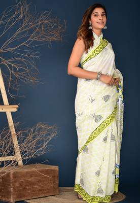 Lemon yellow block printed cotton saree 2