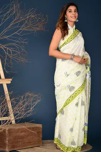 Lemon yellow block printed cotton saree