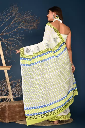 Lemon yellow block printed cotton saree