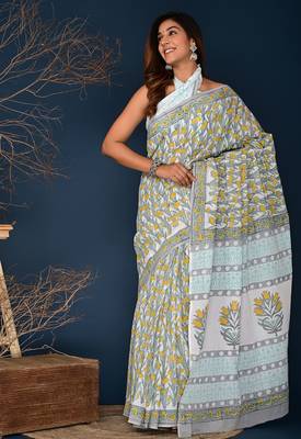 Yellow gray hand block printed cotton saree 1